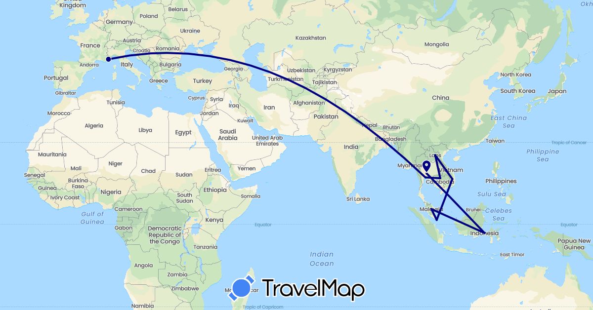 TravelMap itinerary: driving in France, Indonesia, Cambodia, Laos, Malaysia, Singapore, Thailand, Vietnam (Asia, Europe)